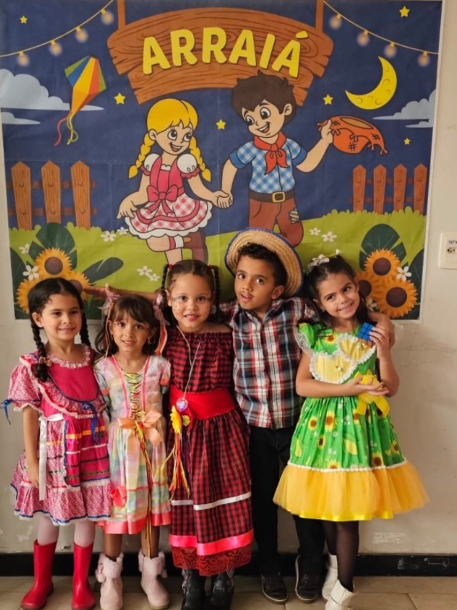 Turma vestida de caipira em frente ao painel do Arraiá